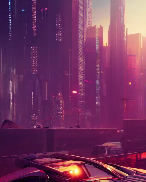 Prompt: a skyline at sunrise, cyberpunk style, digital painting, concept art, smooth, sharp focus, hyperrealistic, illustration, artstation trending, octane render, unreal engine, ambient light, dynamic lighting, magical, dark vibes, Cyberpunk 2077