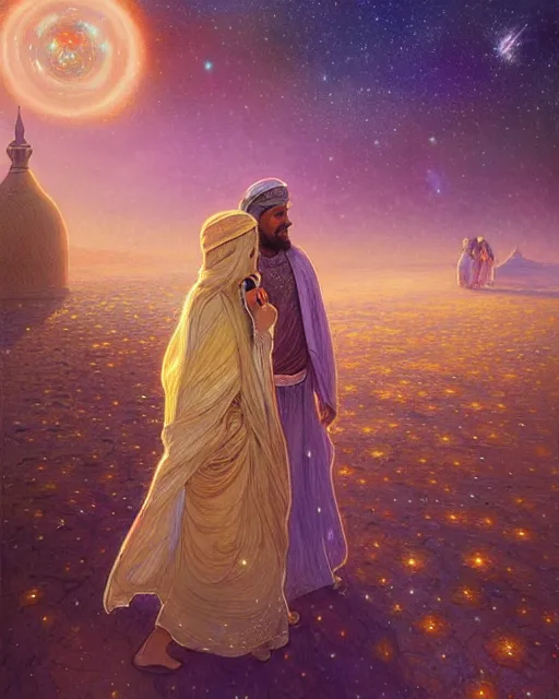 Image similar to bedouin man and woman and child in galaxy walking towards mosque surrounded by nebula, highly detailed, gold filigree, romantic storybook fantasy, soft cinematic lighting, award, disney concept art watercolor illustration by mandy jurgens and alphonse mucha and alena aenami, pastel color palette, featured on artstation