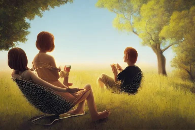 Prompt: beautiful painting of friends, beautiful faces, sitting on the edge, cute, soft light, digital painting by diane arbus and ralph mcquarrie and harry bertoia octane render
