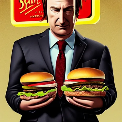 Prompt: portrait of Bob Odenkirk as Saul Goodman eating hamburgers, advertising billboard, extra onions and ketchup, luscious patty with sesame seeds, ethereal, holy sacred light rays, handsome, D&D, fantasy, intricate, elegant, highly detailed, digital painting, artstation, concept art, matte, sharp focus, illustration, art by Artgerm and Greg Rutkowski and Alphonse Mucha