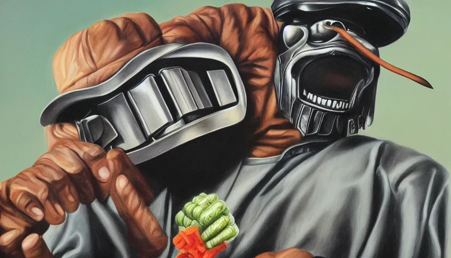 Prompt: beautiful lifelike painting of mf doom armed to the teeth with herring, hyperreal detailed facial features and uv lighting, art by ed roth and basil wolverton