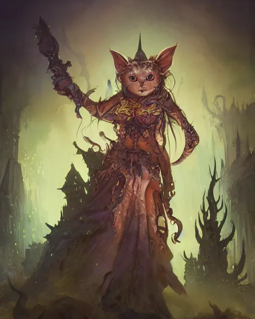 Prompt: Cat Witch, Nurgle, Tzeentch, magic the gathering artwork, D&D, fantasy, cinematic lighting, centered, symmetrical, highly detailed, digital painting, artstation, concept art, smooth, sharp focus, illustration, volumetric lighting, epic Composition, 8k, art by Akihiko Yoshida and Greg Rutkowski and Craig Mullins, oil painting, cgsociety