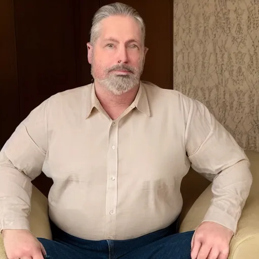 Image similar to full body photo of steve, mature male, mysterious face. he is a doctor. he is sitting gracefully on a sofa, elegant fat beige shirt. he has enormous belly