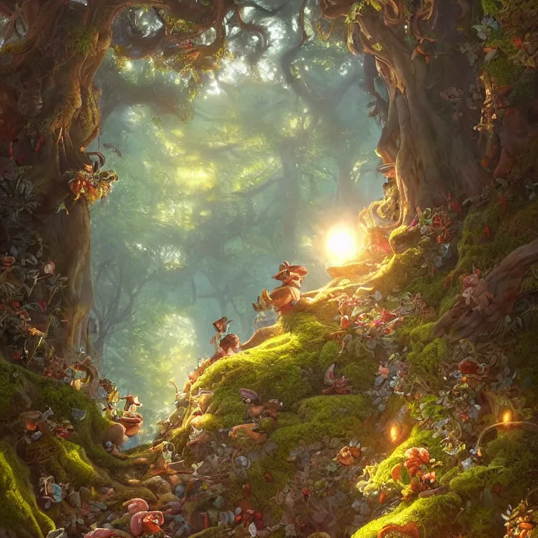 Image similar to tiny seeds float around a fairytale tree in a sunny forest glade by Justin Gerard, radiant morning light, fantasy art, trending on artstation