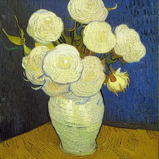 Image similar to atmospheric beautiful bouquet of white delicate pionoid rose in the sunny room of his beloved wife, wrote van gogh