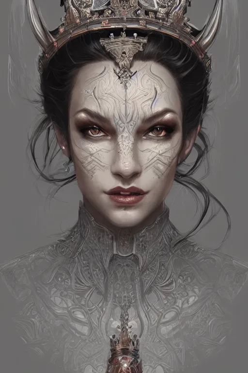 Image similar to highly detailed portrait of an elegant devil, ornate crown, beautiful symmetrical face, glowing skin, digital painting, artstation, concept art, smooth, clear focus, illustration, greg rutkowski, artgerm, global lighting, detailed and fantasy