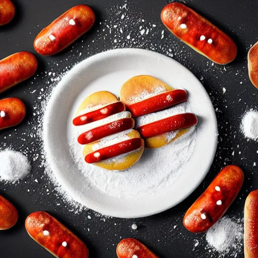 Image similar to highly detailed, art, realistic, pancakes sprinkled in white powder with hotdogs on top