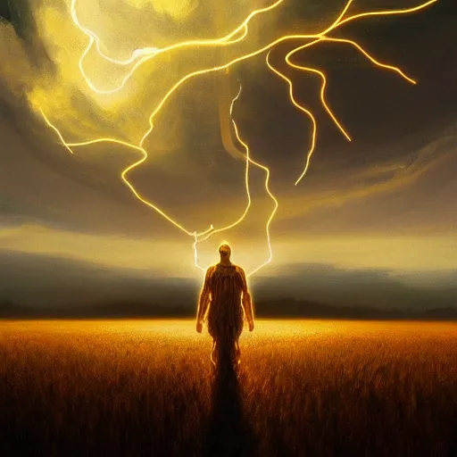 Image similar to oil painting of a glowing god with gold wires levitating in a wheat field, lightning in the sky, at night, stunning, cinematic lighting, concept art by greg rutkowski and wlop, artstation, cinematic, masterpice, insanely detailed, very realistic