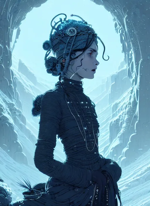 Image similar to highly detailed portrait of a frostpunk long curly white hair tribal lady, stray wiring by atey ghailan, james gilleard, by joe fenton, by greg rutkowski, by greg tocchini, by kaethe butcher, 4 k resolution, gradient blue, black and white color scheme!!! ( ( glaciated robotic dystopian city background ) )