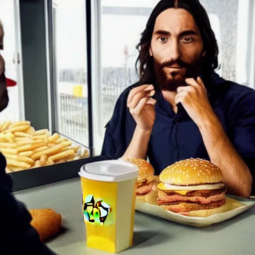 Prompt: jesus christ having his lunch break at mcdonalds, real photo