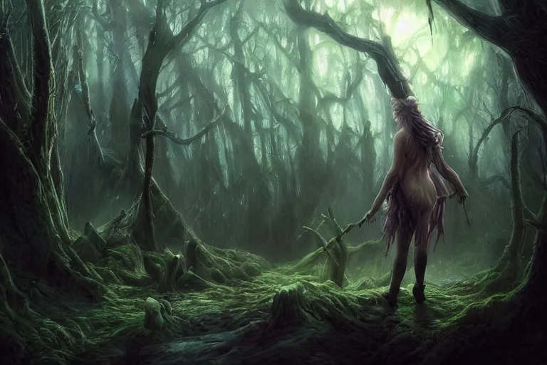 Prompt: an old elven wood, a view to an eerie fantasy world, ethereal back light, mist, coherent composition, detailed fantasy painting by artgerm