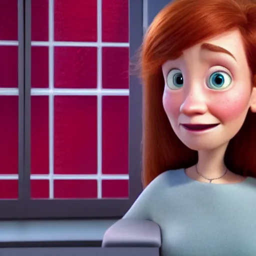 Prompt: in this new still from pixar movie the president a seemingly deranged red headed woman stares at the camera 4k