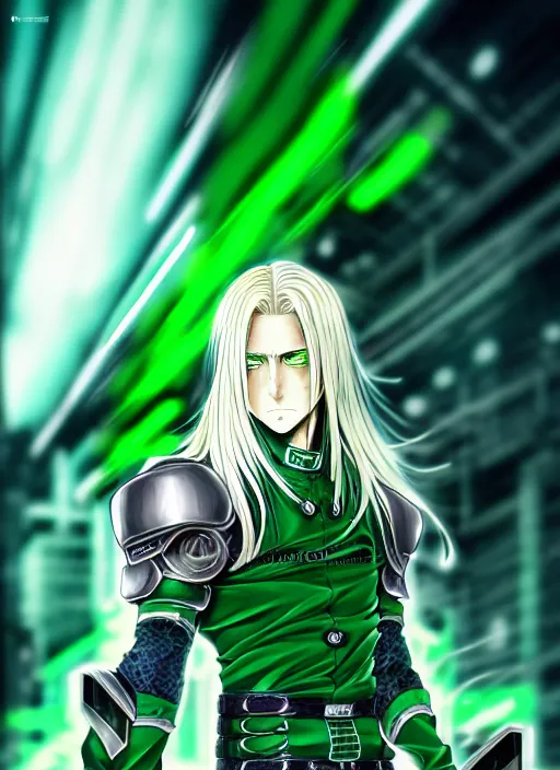 Image similar to a detailed manga full body portrait illustration of a man with long blonde hair and blue eyes wearing cyberpunk jade green battle gear by hirohiko araki, detailed artwork, realism, 4 k resolution, detailed, high quality, sharp focus, hq artwork, insane detail, volumetric lighting, character concept art, fine details, clear subject, central subject