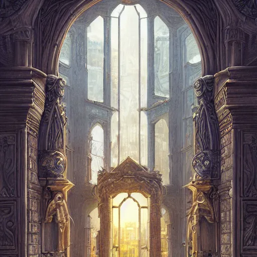 Prompt: carved futuristic door at the end of ancient ornate steps shows a large window to a city detailing the vast architectural scientific ancient and cultural acheivements of humankind, magical atmosphere, renato muccillo, andreas rocha, johanna rupprecht, beardsley, highly detailed digital art, cinematic blue and gold