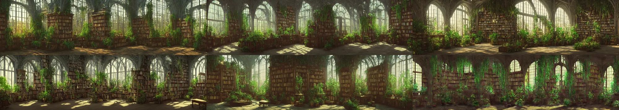 Prompt: secret museum of magical items inside a crystal greenhouse palace, victorian style, octane render, intricate detail, lots of bookshelf, cel - shading, cinematic, edge - to - edge print, plants, wide angle, bright,