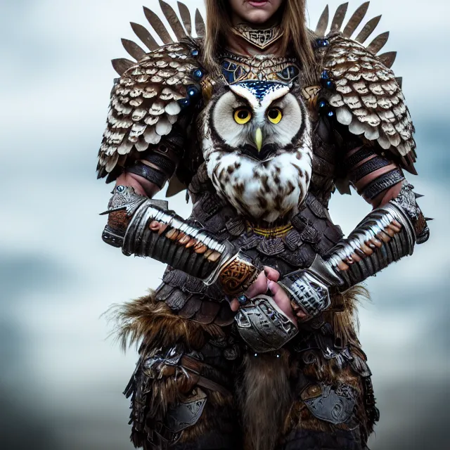 Prompt: full body photo of a beautiful cute strong warrior queen wearing owl armour, highly detailed, 8 k, hdr, smooth, sharp focus, high resolution, award - winning photo