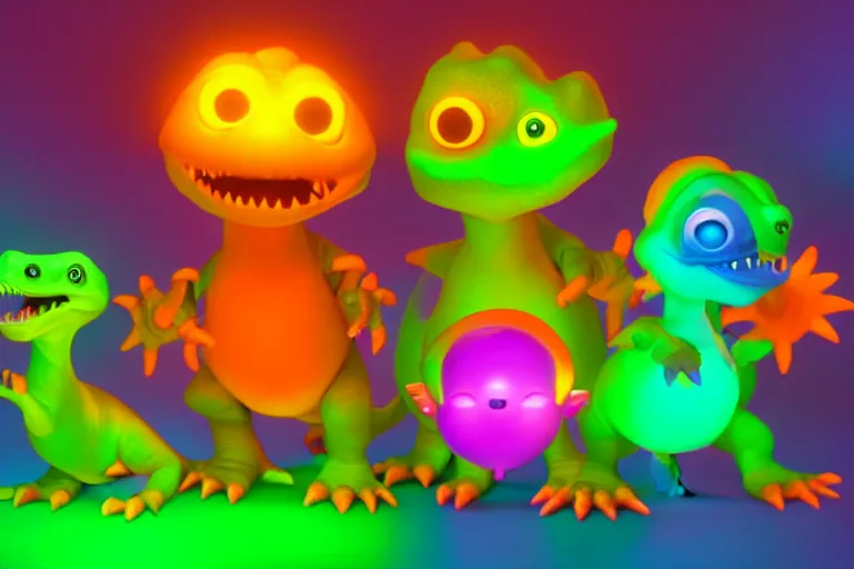 Image similar to pixar designed cute, smiling chibi style baby dinosaurs made entirely out of glowing electrified hypercolor plasma, having fun inside a psychedelic realm made entirely out of love and acceptance and hypercolors. astral beings sharing love. renderman, ray tracing, symmetrical faces, 3 d models