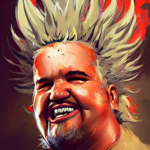 Prompt: a beautiful portrait of guy fieri with no teeth, toothless, gums!!! by greg rutkowski and bill sienkiewicz trending on artstation