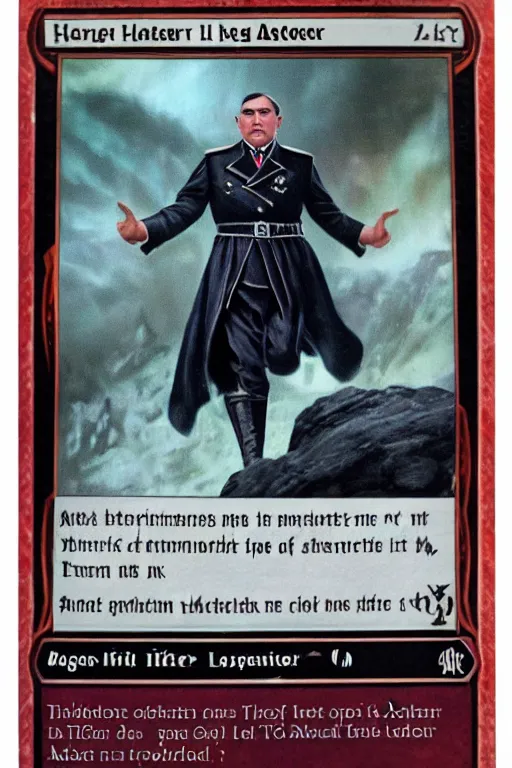 Prompt: a photo showing a magic the gathering card in it's full glory, depicting adolf hitler as a wizzard, 8 k, ultra realistic,