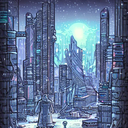 Prompt: mystic winter landscape, cyberpunk by mike allred