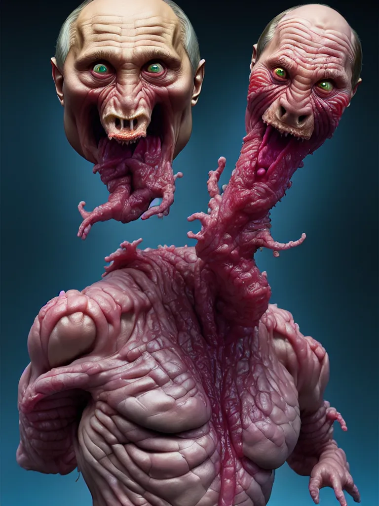 Prompt: hyperrealistic rendering, fat smooth cronenberg flesh monster vladimir putin by donato giancola and greg rutkowski and wayne barlow and zdzisław beksinski, eyeballs, product photography, action figure, sofubi, studio lighting, colored gels, colored background