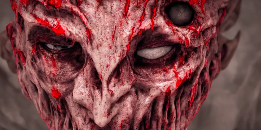 Image similar to evil demoniac face and shoulder, blood, intricate, creepy, processing, 8 k, very high resolution, extremely hyperdetailed