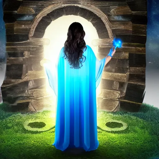 Image similar to a confident mage woman with long blue cape and brown flowing hair!! disovering a graveyard of dreams, inside a futuristic portal!!
