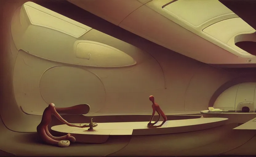 Prompt: Inside futuristic spaceship, Edward Hopper and James Gilleard, Zdzislaw Beksinski, Mark Ryden, Wolfgang Lettl highly detailed, hints of Yayoi Kasuma