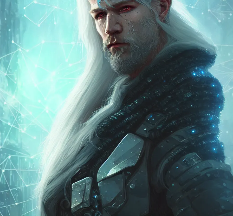 Image similar to cyberpunk viking with white hair, face, sci - fi, constellation geometry, forest background, elegant, highly detailed, digital painting, artstation, concept art, smooth, sharp focus, spiritual art, psychedelic, illustration,