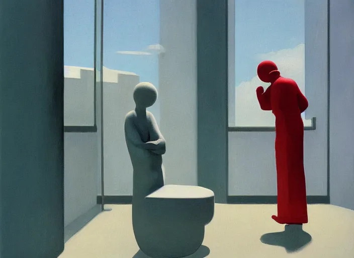 Prompt: spherical glass people at public restroom Edward Hopper and James Gilleard, Zdzislaw Beksinski highly detailed