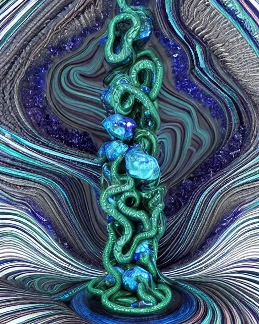 Image similar to a photo of a multi faceted blue and emerald and amethyst crystal geode formation with epic black and white smoke snake wrapped around it with liquid gold tendrils by jean pierre roy by stanisław szukalski by beeple, octane render, recursive, tendrils, tessellation, elestial crystals, geode, refracted light