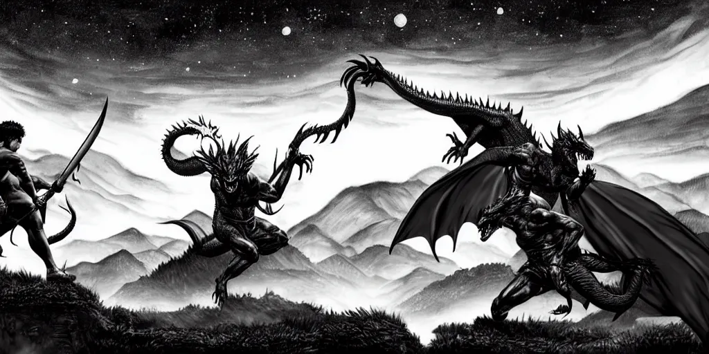 Image similar to archer fighting a dragon under the night sky in front of the mountains. dark fantasy style. epic fight. digital art. black and white. by kentaro miura