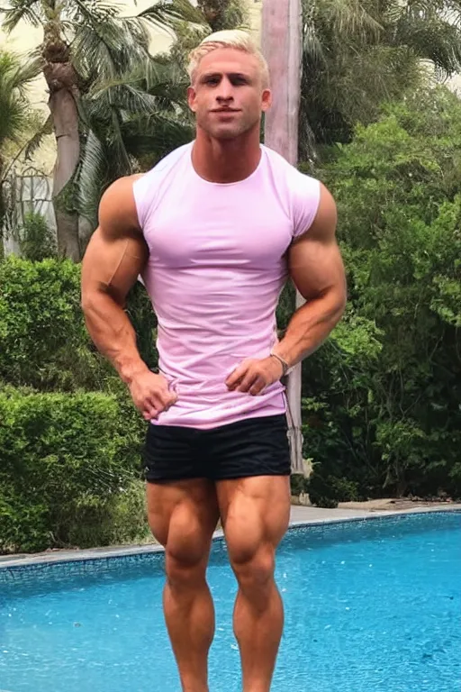 Image similar to a handsome muscular male fitness model with blonde hair, ken, wearing a cut-off black crop top and short light pink shorts, by a swimming pool, shiny glossy skin