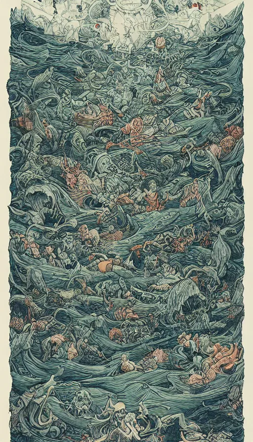 Image similar to man on boat crossing a body of water in hell with creatures in the water, sea of souls, by james jean