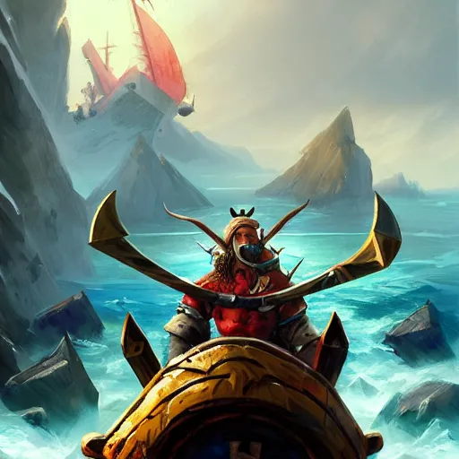 Prompt: arcane style viking battleship, viking cannons, viking spears and axes. spear and axes, sea background, bright art masterpiece artstation. 8 k, sharp high quality artwork in style of greg rutkowski, concept art by tooth wu, blizzard warcraft artwork, hearthstone card artwork