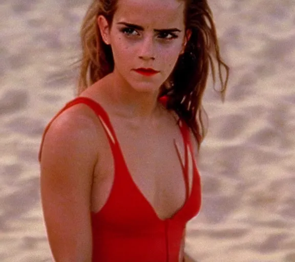 Image similar to color still shot of emma watson on baywatch 1 9 8 9 tv show, running, face closeup,