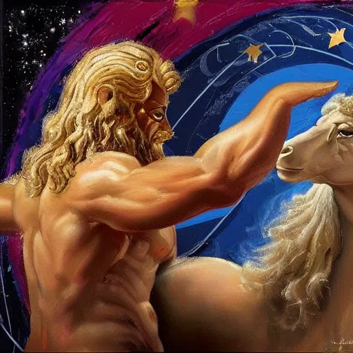 a beautiful impasto oil painting of zeus as a taurus Stable