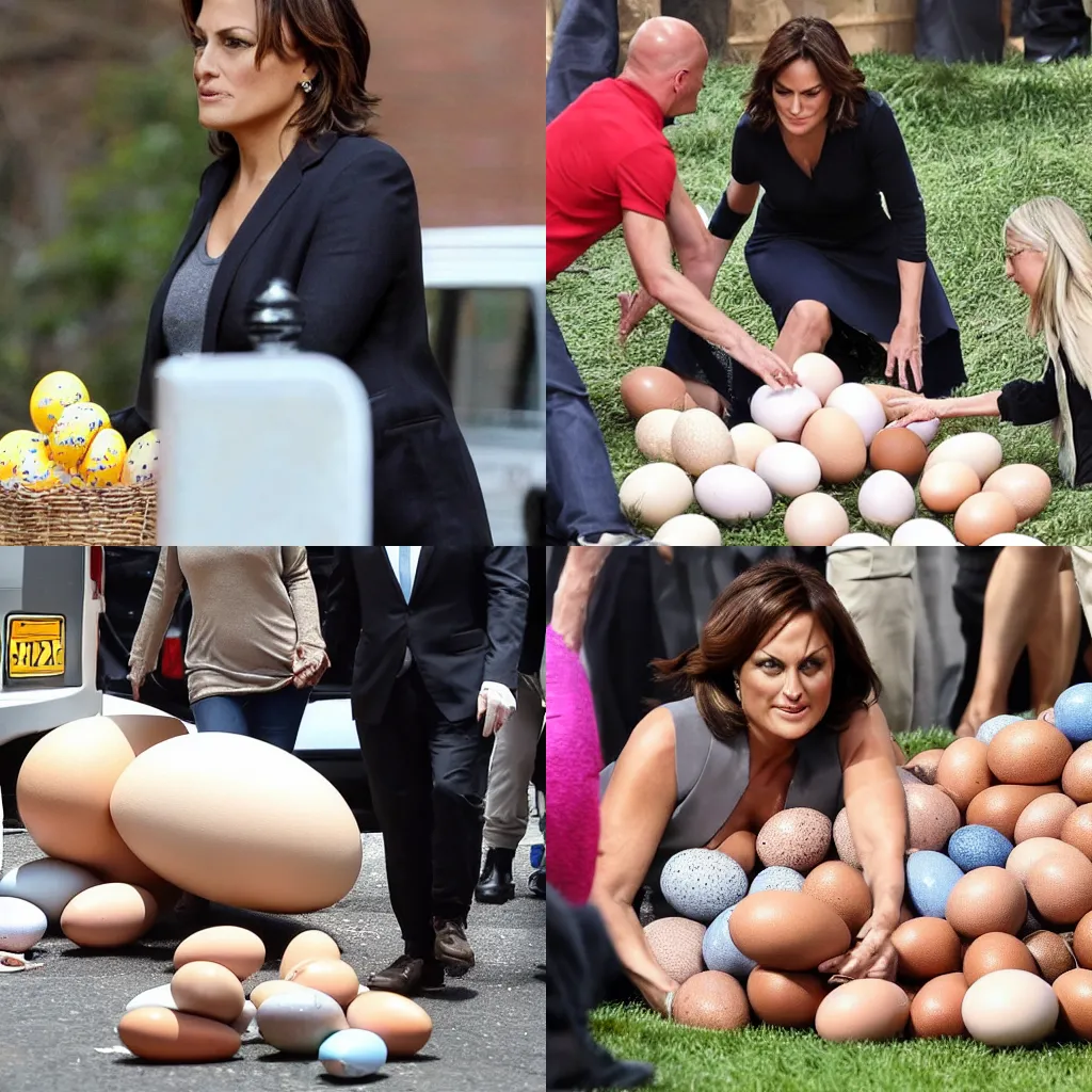 Prompt: mariska hargitay buried under a huge pile of eggs