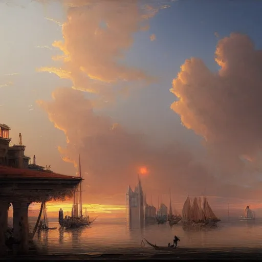 Prompt: a large serene beautiful matte painting of a large venetian harbor upon a calm bay, by asher brown durand and greg rutkowski, featured on artstation, blue and orange color scheme