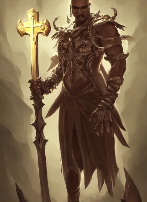 Image similar to a highly detailed illustration of sadistic white slick backed haired african warrior wearing priest robe with cross on chest, wielding blades made of blood, evil standing smiling pose, muscular, intricate, elegant, highly detailed, centered, digital painting, artstation, concept art, smooth, sharp focus, league of legends concept art, WLOP