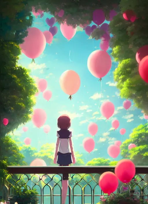 Image similar to girl stand in the a balcony where plants and flowers all around, she is watching a lot of balloons flying over, epic perspective, illustration concept art anime key visual trending pixiv fanbox by wlop and greg rutkowski and makoto shinkai and studio ghibli