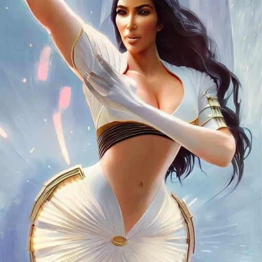 Image similar to Kim Kardashian in futuristic Japanese maid outfit, expressive pose, intricate, elegant, highly detailed, digital painting, artstation, concept art, smooth, sharp focus, illustration, art by artgerm and greg rutkowski and alphonse mucha