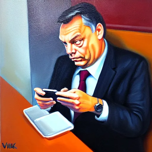 Image similar to viktor orban playing on his phone in a cubicle, oil painting