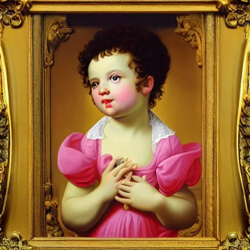 Prompt: baroque Renaissance rococo painting of a baby cherub portrait Greg Hildebrandt Lisa Frank