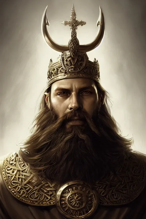 Image similar to highly detailed portrait of an elegant viking king with a beard, ornate crown, beautiful symmetrical face, glowing skin, digital painting, artstation, concept art, smooth, clear focus, illustration, greg rutkowski, artgerm, global lighting, detailed and fantasy
