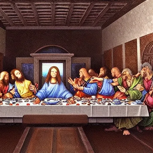 Prompt: the last supper remake da vinci - by yoshitaka amano - final fantasy game illustrator - super realistic details, fantasy art, trending in deviantart