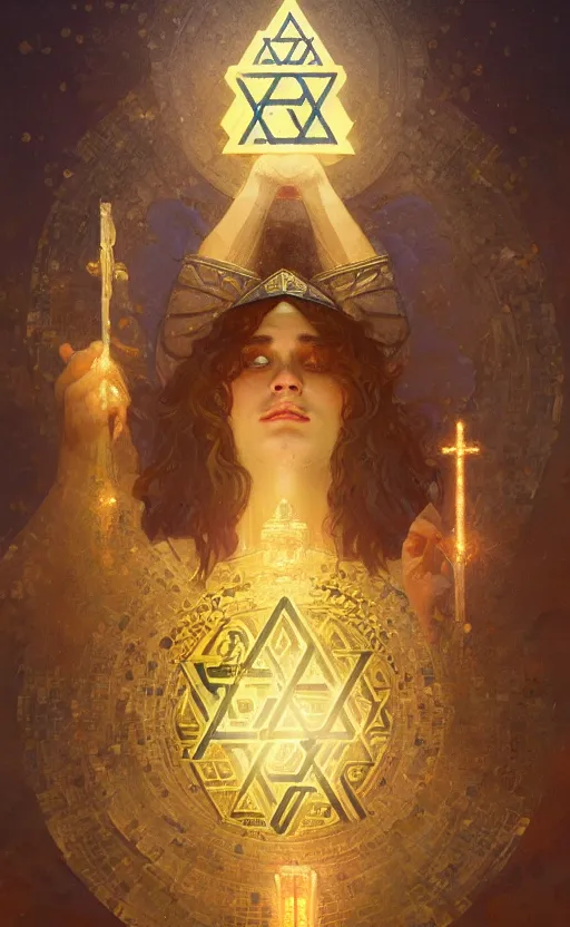 Prompt: the personification of judaism, jerusalem, star of david, menorah, highly detailed, digital painting, artstation, concept art, sharp focus, illustration, art by greg rutkowski and alphonse mucha