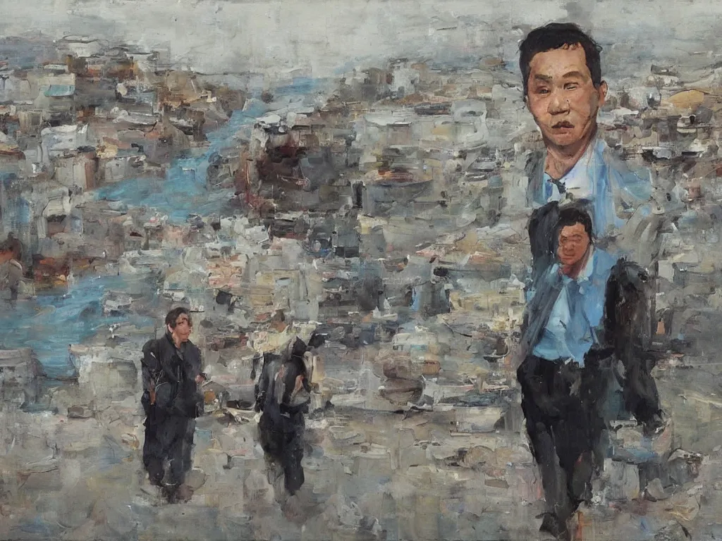 Image similar to ‘The Center of the World’ (Liu Xiaodong realist oil painting, large thick messy colorful brushstrokes, office worker next to a blue river and mountains) was filmed in Beijing in April 2013 depicting a white collar office worker. A man in his early thirties – the first single-child-generation in China. Representing a new image of an idealized urban successful booming China.