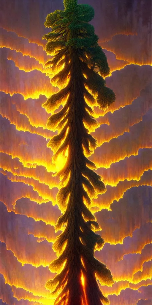Image similar to detailed ancient sequoia tornado, backlit, sunset, refracted lighting, art by collier, albert aublet, krenz cushart, artem demura, alphonse mucha