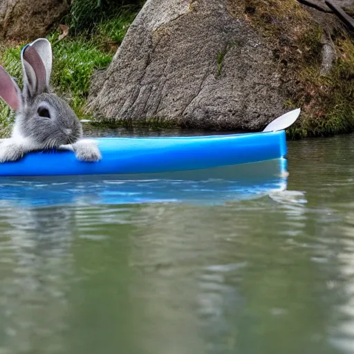 Prompt: a grey rabbit paddling a blue kayak on a small calm stream, 4k photorealistic